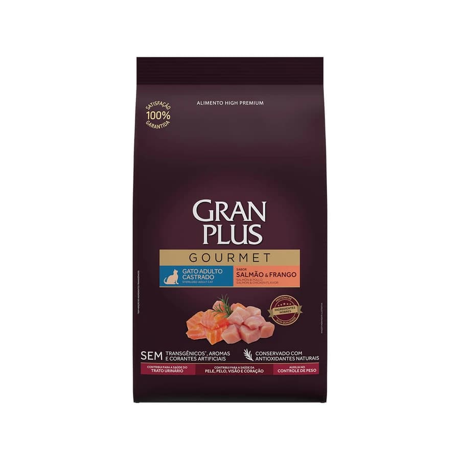 Ração GranPlus Gourmet Gatos Adultos Castrados Salmão e Frango, REF ILP011