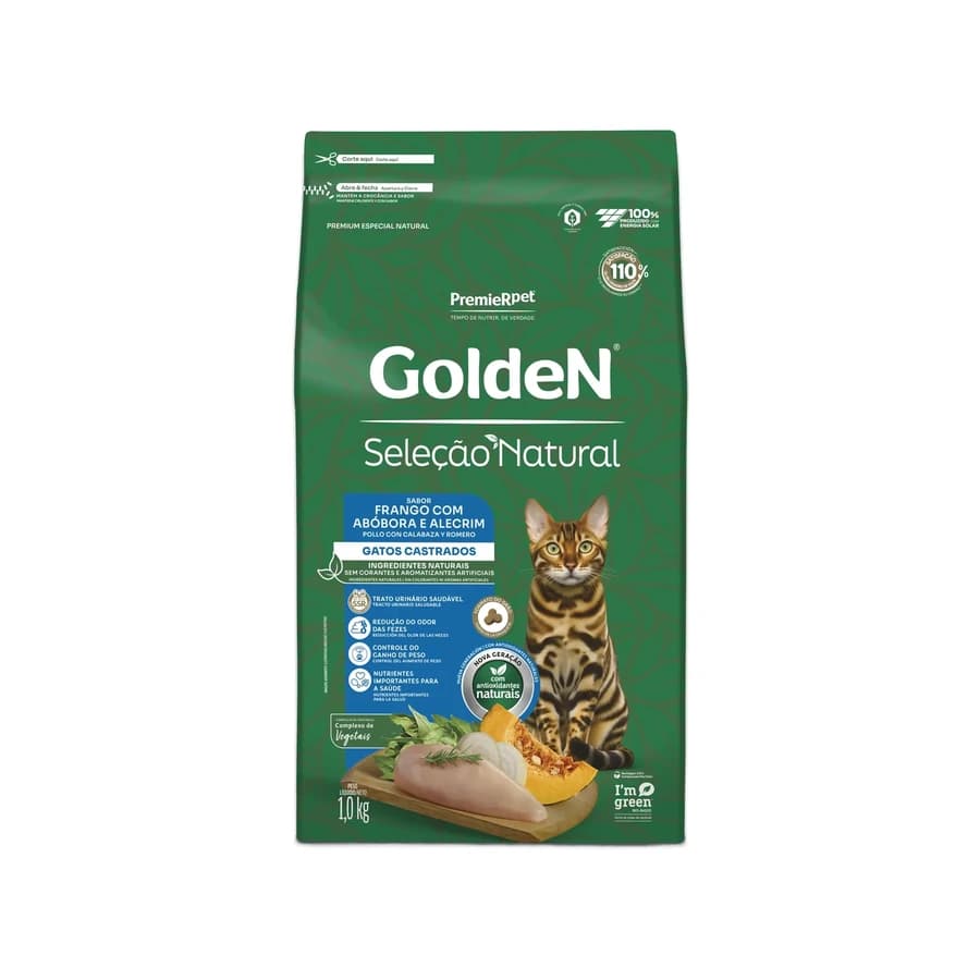 Ração Golden Seleção Natural Gatos Castrados Frango com Abóbora e Alecrim, REF ILP012