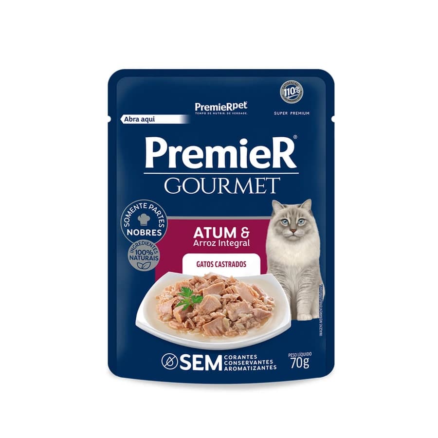 Ração Úmida Premier Gourmet Gatos Castrados Atum e Arroz Integral, REF ILP015